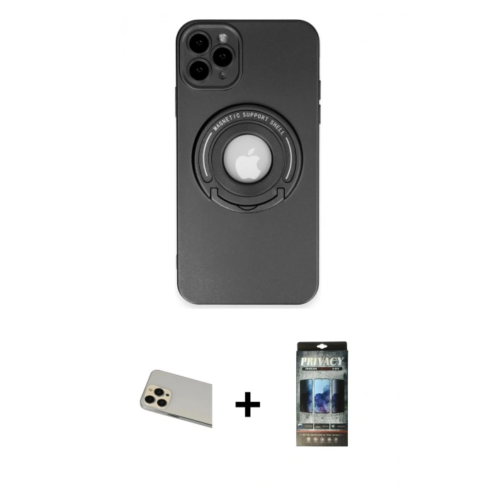 MARSİLYAN™- iPhone 12 Pro Kılıf Eksen Klasik Prime - Siyah 34D Hayalet Izgaralı Cam + Rainbow Kamera Lens Koruma Cam - GD