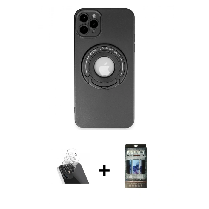 MARSİLYAN™- iPhone 12 Pro Kılıf Eksen Klasik Prime - Siyah 34D Hayalet Izgaralı Cam + Kamera Lens Koruma Cam - SF
