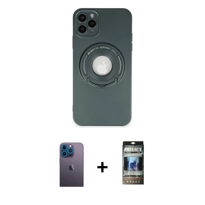 MARSİLYAN™- iPhone 12 Pro Kılıf Eksen Klasik Prime - Siyah 34D Hayalet Izgaralı Cam + Neon Fosforlu Kamera Lens - MI
