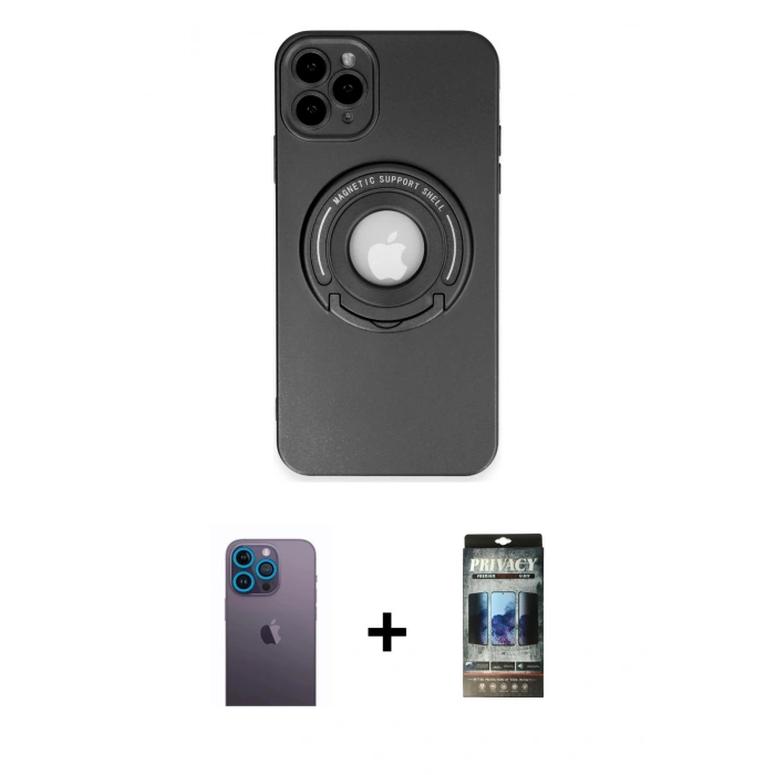 MARSİLYAN™- iPhone 12 Pro Kılıf Eksen Klasik Prime - Siyah 34D Hayalet Izgaralı Cam + Neon Fosforlu Kamera Lens - MI