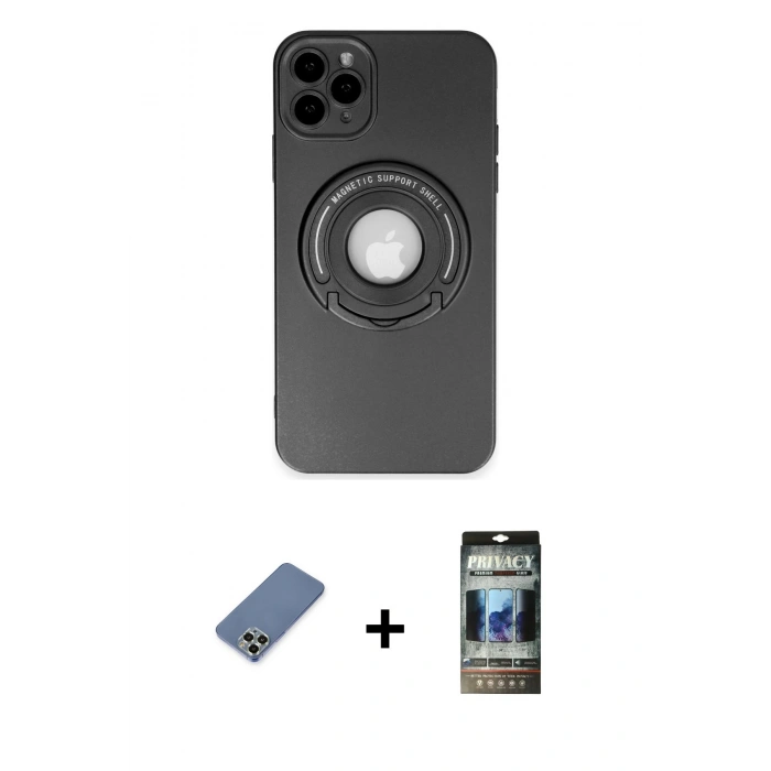 MARSİLYAN™- iPhone 12 Pro Kılıf Eksen Klasik Prime - Siyah 34D Hayalet Izgaralı Cam + Metal Kamera Lens Koruma Cam - AKYL