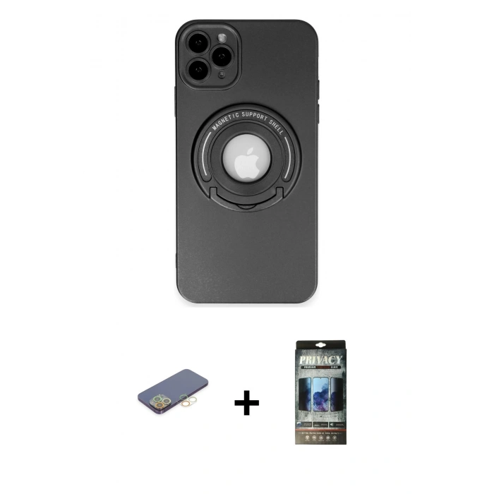 MARSİLYAN™- iPhone 12 Pro Kılıf Eksen Klasik Prime - Siyah 34D Hayalet Izgaralı Cam + Renkli Kamera Lens Koruma Cam - SI