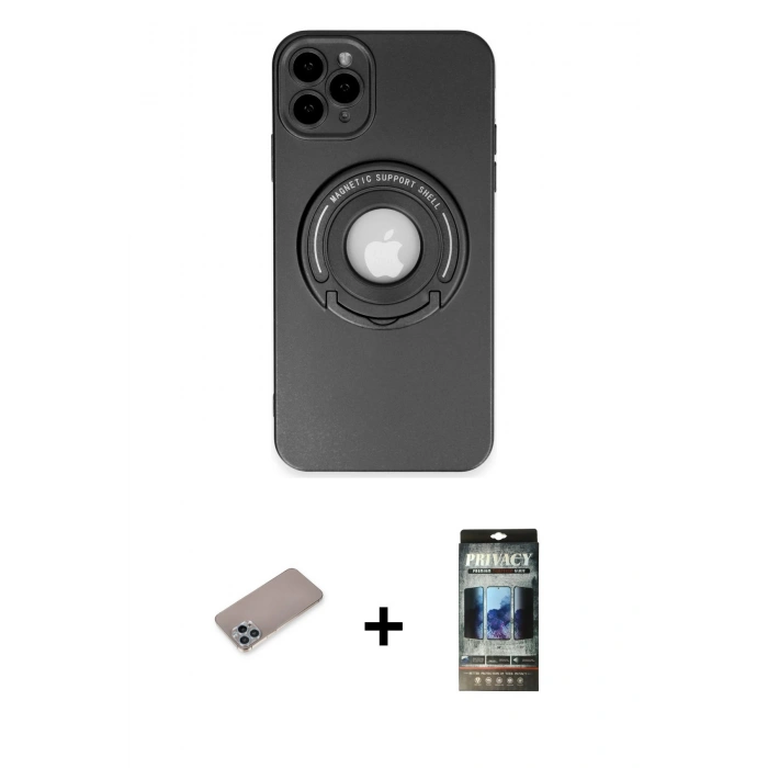 MARSİLYAN™- iPhone 12 Pro Kılıf Eksen Klasik Prime - Siyah 34D Hayalet Izgaralı Cam + Shine Kamera Lens Koruma Cam - SABE