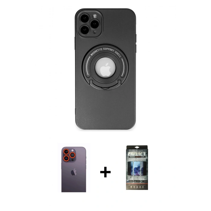 MARSİLYAN™- iPhone 12 Pro Kılıf Eksen Klasik Prime - Siyah 34D Hayalet Izgaralı Cam + Neon Fosforlu Kamera Lens - TU