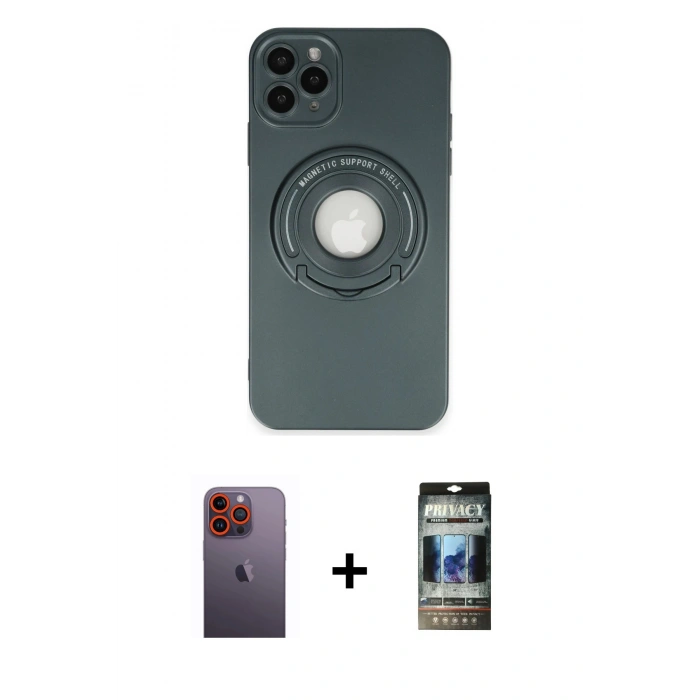 MARSİLYAN™- iPhone 12 Pro Kılıf Eksen Klasik Prime - Siyah 34D Hayalet Izgaralı Cam + Neon Fosforlu Kamera Lens - TU