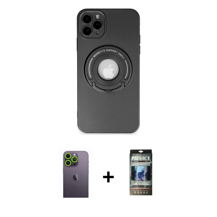 MARSİLYAN™- iPhone 12 Pro Kılıf Eksen Klasik Prime - Siyah 34D Hayalet Izgaralı Cam + Neon Fosforlu Kamera Lens - YL