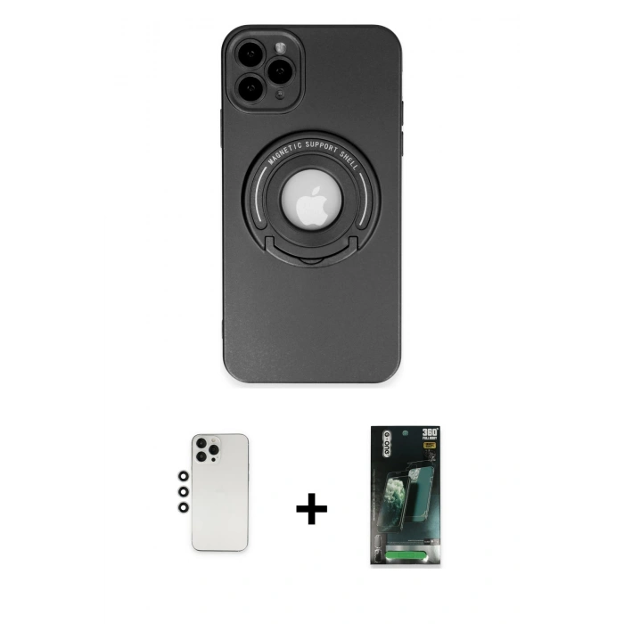 MARSİLYAN™- iPhone 12 Pro Kılıf Eksen Klasik Prime - Siyah 360 Mat Full Body Arka Koruyucu + Shine Kamera Lens - GS