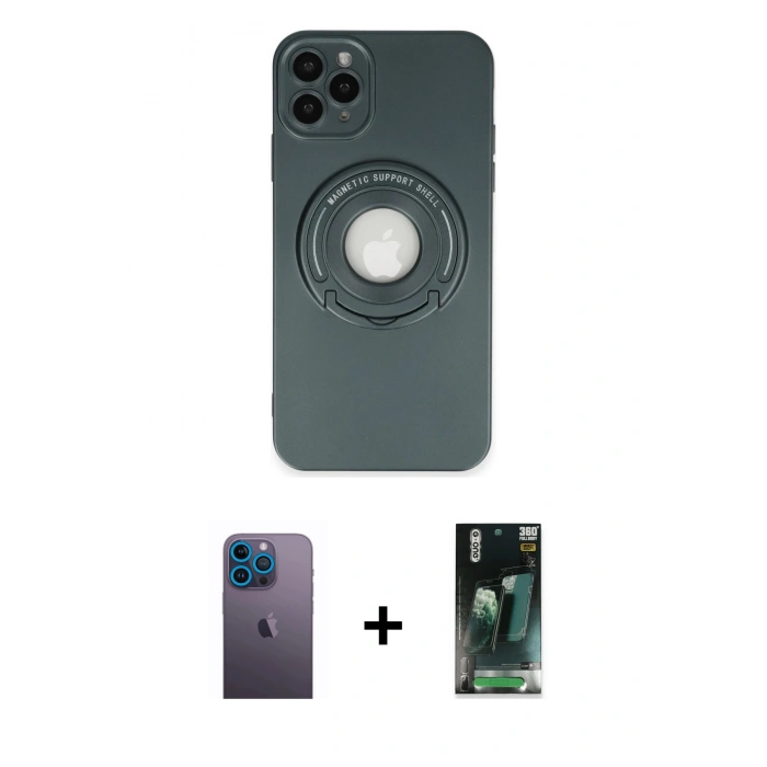 MARSİLYAN™- iPhone 12 Pro Kılıf Eksen Klasik Prime - Siyah 360 Mat Full Body Arka Koruyucu + Neon Fosforlu Kamera Lens - MI