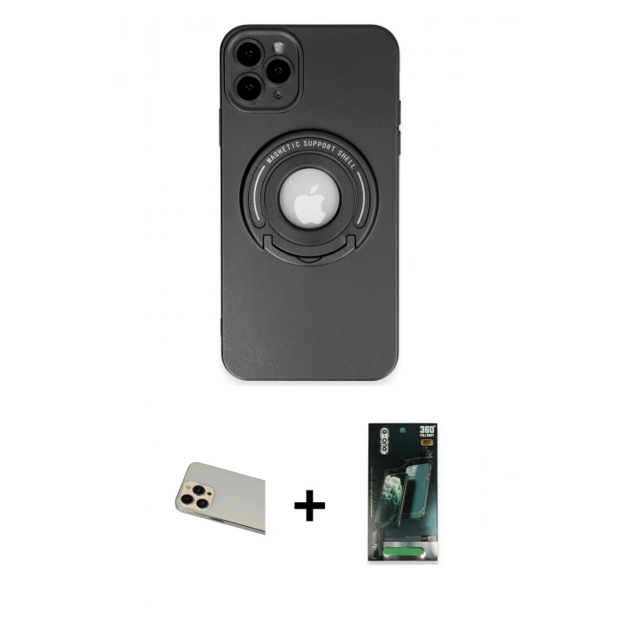 MARSİLYAN™- iPhone 12 Pro Kılıf Eksen Klasik Prime - Siyah 360 Mat Full Body Arka Koruyucu + Rainbow Kamera Lens Koruma Cam - GD