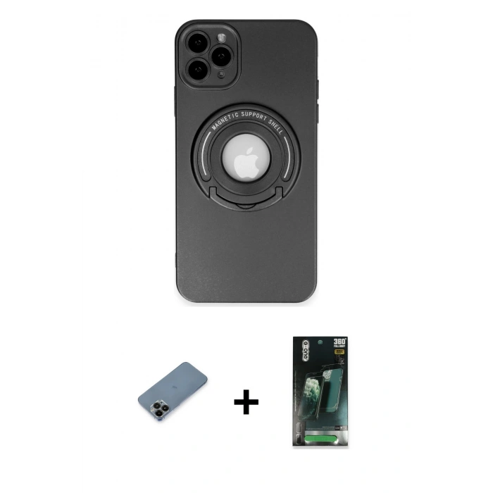 MARSİLYAN™- iPhone 12 Pro Kılıf Eksen Klasik Prime - Siyah 360 Mat Full Body Arka Koruyucu + Shine Kamera Lens Koruma Cam - SH