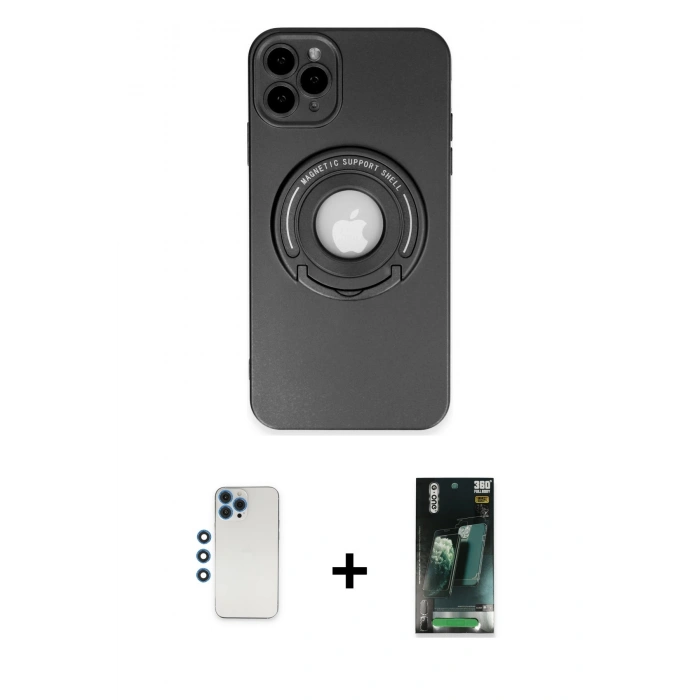 MARSİLYAN™- iPhone 12 Pro Kılıf Eksen Klasik Prime - Siyah 360 Mat Full Body Arka Koruyucu + Shine Kamera Lens - MI