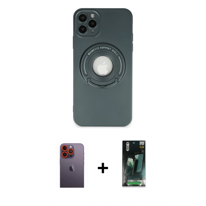 MARSİLYAN™- iPhone 12 Pro Kılıf Eksen Klasik Prime - Siyah 360 Mat Full Body Arka Koruyucu + Turuncu Neon Fosforlu Kamera Lens