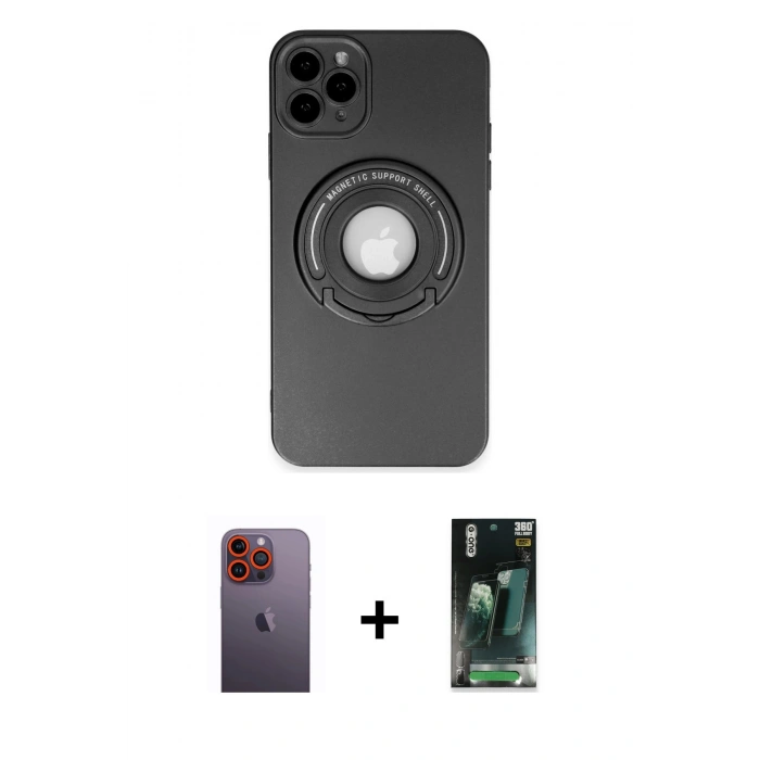 MARSİLYAN™- iPhone 12 Pro Kılıf Eksen Klasik Prime - Siyah 360 Mat Full Body Arka Koruyucu + Turuncu Neon Fosforlu Kamera Lens