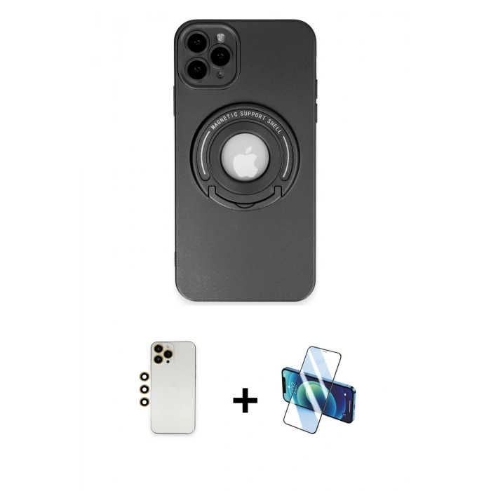 MARSİLYAN™- iPhone 12 Pro Kılıf Eksen Klasik Prime - Siyah 3D Antistatik Cam Ekran Koruyucu + Shine Kamera Lens - GD