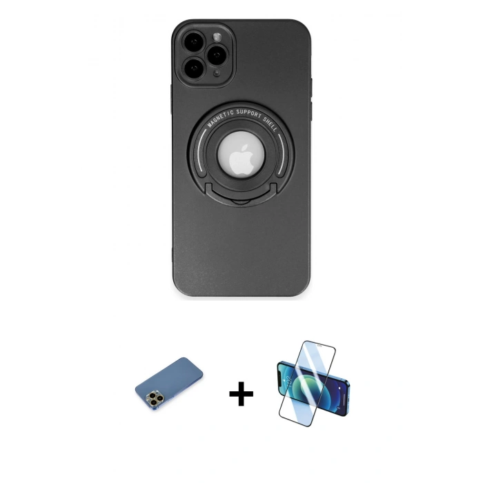 MARSİLYAN™- iPhone 12 Pro Kılıf Eksen Klasik Prime - Siyah 3D Antistatik Cam Ekran Koruyucu + Shine Kamera Lens Koruma Cam - GD