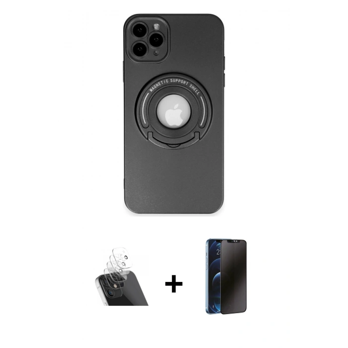 MARSİLYAN™- iPhone 12 Pro Kılıf Eksen Klasik Prime - Siyah 3D Antistatik Hayalet Cam Ekran Koruyucu + Kamera Lens Koruma Cam - SF