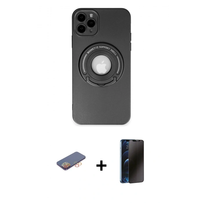 MARSİLYAN™- iPhone 12 Pro Kılıf Eksen Klasik Prime - Siyah 3D Antistatik Hayalet Cam Ekran Koruyucu + Renkli Kamera Lens Koruma Cam - TU