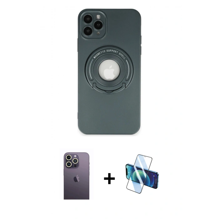 MARSİLYAN™- iPhone 12 Pro Kılıf Eksen Klasik Prime - Siyah 3D Antistatik Seramik Nano Ekran Koruyucu + Neon Fosforlu Kamera Lens - BZ