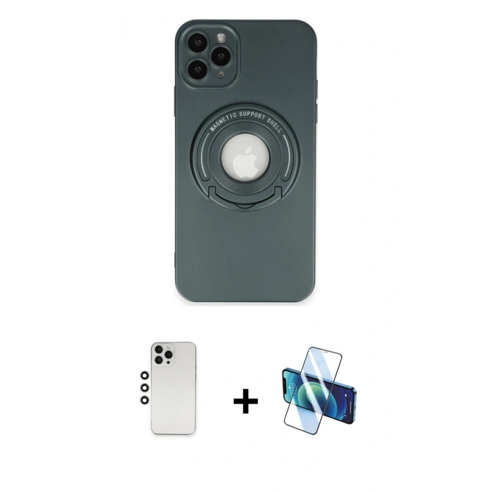 MARSİLYAN™- iPhone 12 Pro Kılıf Eksen Klasik Prime - Siyah 3D Antistatik Seramik Nano Ekran Koruyucu + Gümüş Shine Kamera Lens