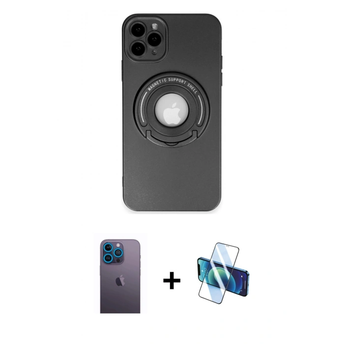 MARSİLYAN™- iPhone 12 Pro Kılıf Eksen Klasik Prime - Siyah 3D Antistatik Seramik Nano Ekran Koruyucu + Neon Fosforlu Kamera Lens - MI