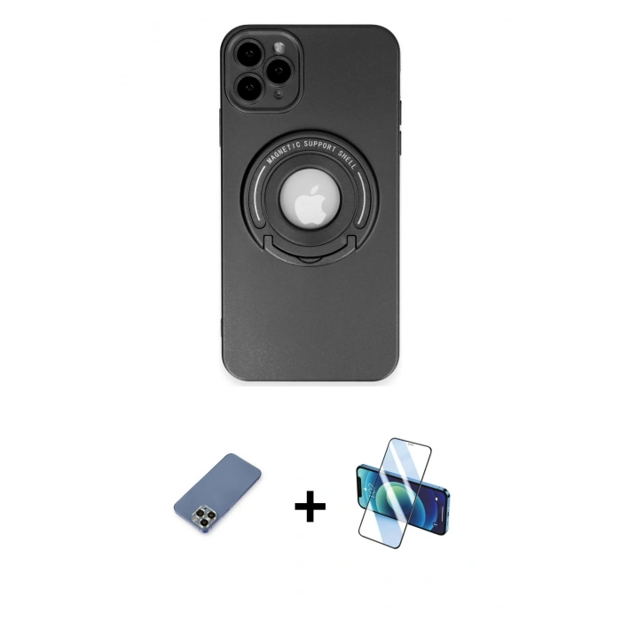 MARSİLYAN™- iPhone 12 Pro Kılıf Eksen Klasik Prime - Siyah 3D Antistatik Seramik Nano Ekran Koruyucu + Metal Kamera Lens Koruma Cam - AKYL