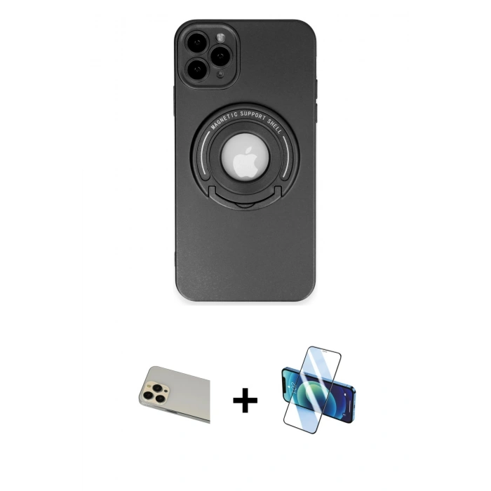 MARSİLYAN™- iPhone 12 Pro Kılıf Eksen Klasik Prime - Siyah 3D Antistatik Seramik Nano Ekran Koruyucu + Rainbow Kamera Lens Koruma Cam - GD
