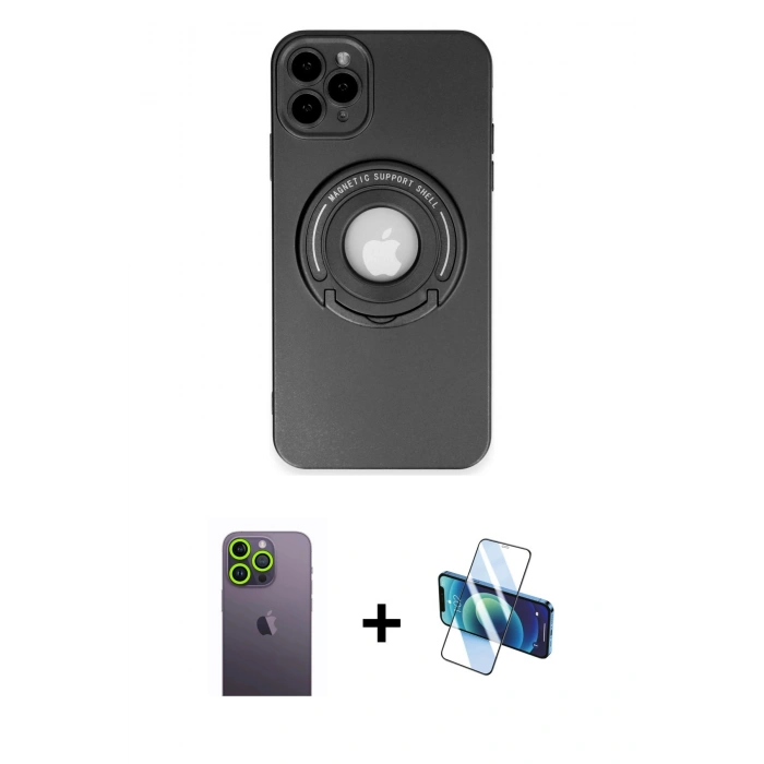 MARSİLYAN™- iPhone 12 Pro Kılıf Eksen Klasik Prime - Siyah 3D Antistatik Seramik Nano Ekran Koruyucu + Neon Fosforlu Kamera Lens - YL