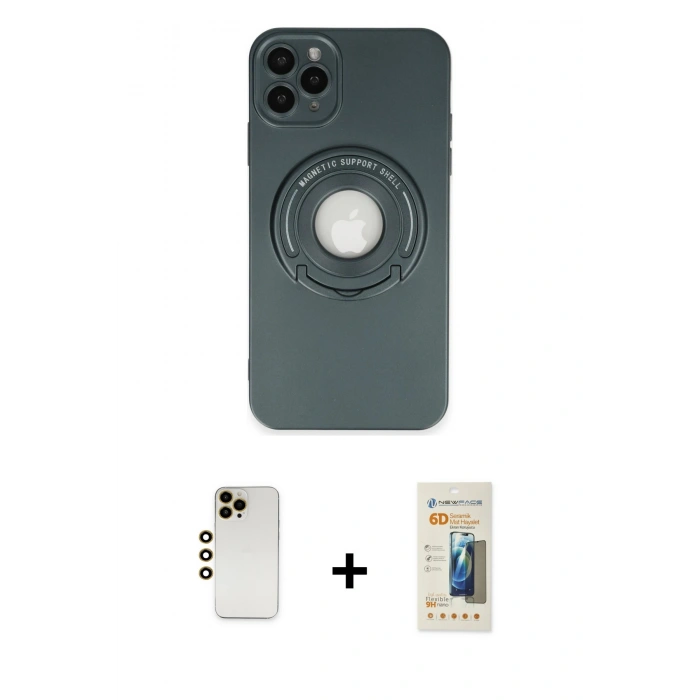 MARSİLYAN™- iPhone 12 Pro Kılıf Eksen Klasik Prime - Siyah 6D Mat Seramik Hayalet Nano Ekran Koruyucu + Gold Shine Kamera Lens