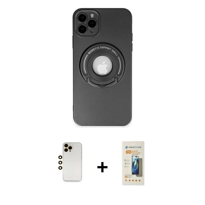 MARSİLYAN™- iPhone 12 Pro Kılıf Eksen Klasik Prime - Siyah 6D Mat Seramik Hayalet Nano Ekran Koruyucu + Gold Shine Kamera Lens