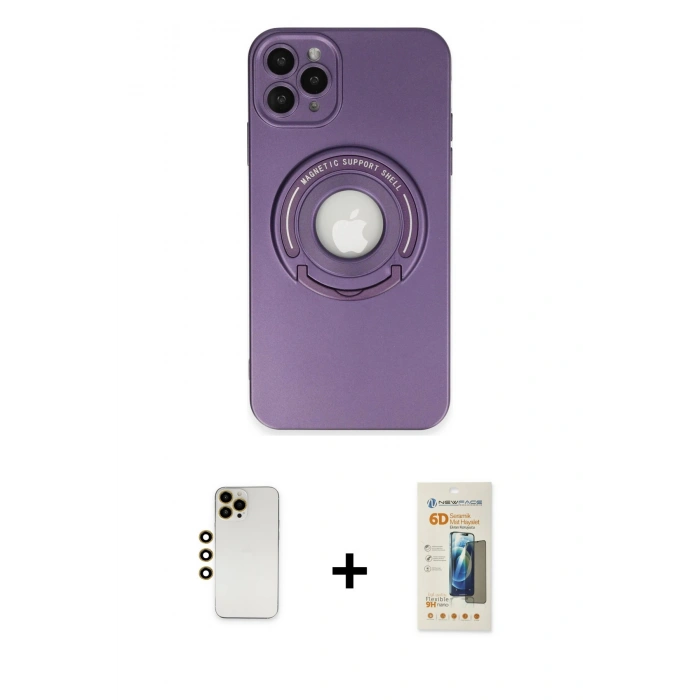 MARSİLYAN™- iPhone 12 Pro Kılıf Eksen Klasik Prime - Siyah 6D Mat Seramik Hayalet Nano Ekran Koruyucu + Gold Shine Kamera Lens