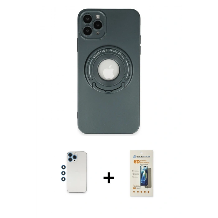 MARSİLYAN™- iPhone 12 Pro Kılıf Eksen Klasik Prime - Siyah 6D Mat Seramik Hayalet Nano Ekran Koruyucu + Mavi Shine Kamera Lens