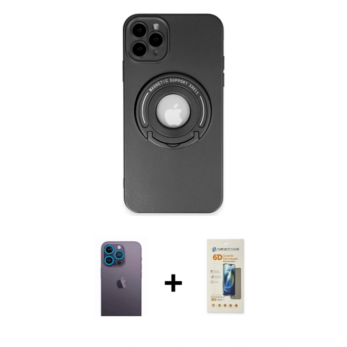 MARSİLYAN™- iPhone 12 Pro Kılıf Eksen Klasik Prime - Siyah 6D Mat Seramik Hayalet Nano Ekran Koruyucu + Mavi Neon Fosforlu Kamera Lens