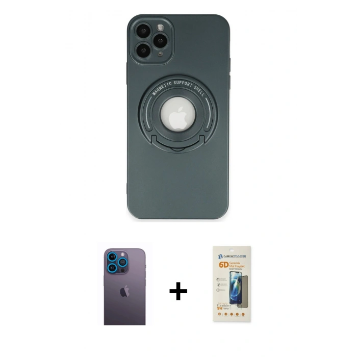 MARSİLYAN™- iPhone 12 Pro Kılıf Eksen Klasik Prime - Siyah 6D Mat Seramik Hayalet Nano Ekran Koruyucu + Mavi Neon Fosforlu Kamera Lens