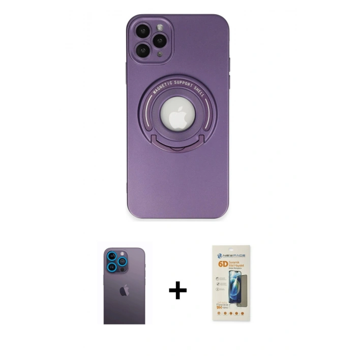 MARSİLYAN™- iPhone 12 Pro Kılıf Eksen Klasik Prime - Siyah 6D Mat Seramik Hayalet Nano Ekran Koruyucu + Mavi Neon Fosforlu Kamera Lens