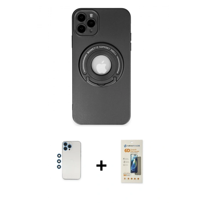 MARSİLYAN™- iPhone 12 Pro Kılıf Eksen Klasik Prime - Siyah 6D Mat Seramik Hayalet Nano Ekran Koruyucu + Mavi Shine Kamera Lens