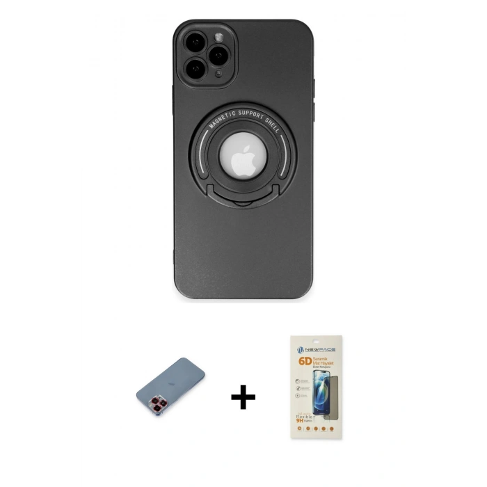 MARSİLYAN™- iPhone 12 Pro Kılıf Eksen Klasik Prime - Siyah 6D Mat Seramik Hayalet Nano Ekran Koruyucu + Metal Kamera Lens Koruma Cam - KI