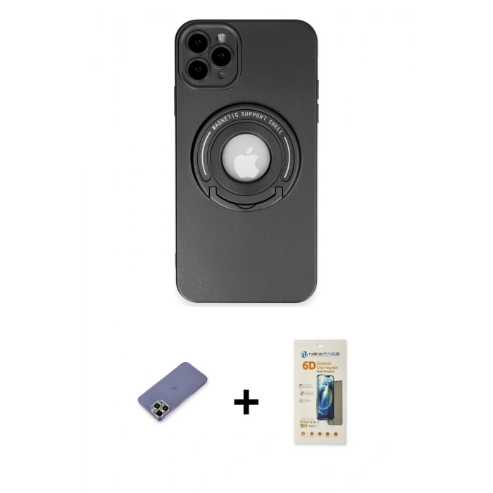 MARSİLYAN™- iPhone 12 Pro Kılıf Eksen Klasik Prime - Siyah 6D Mat Seramik Hayalet Nano Ekran Koruyucu + Metal Kamera Lens Koruma Cam - GD