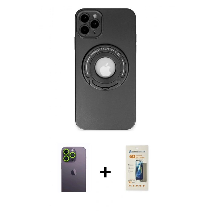 MARSİLYAN™- iPhone 12 Pro Kılıf Eksen Klasik Prime - Siyah 6D Mat Seramik Hayalet Nano Ekran Koruyucu + Neon Fosforlu Kamera Lens - YL