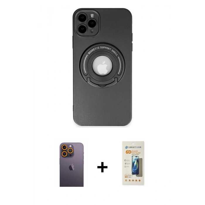 MARSİLYAN™- iPhone 12 Pro Kılıf Eksen Klasik Prime - Siyah 6D Mat Seramik Hayalet Nano Ekran Koruyucu + Neon Fosforlu Kamera Lens - SI