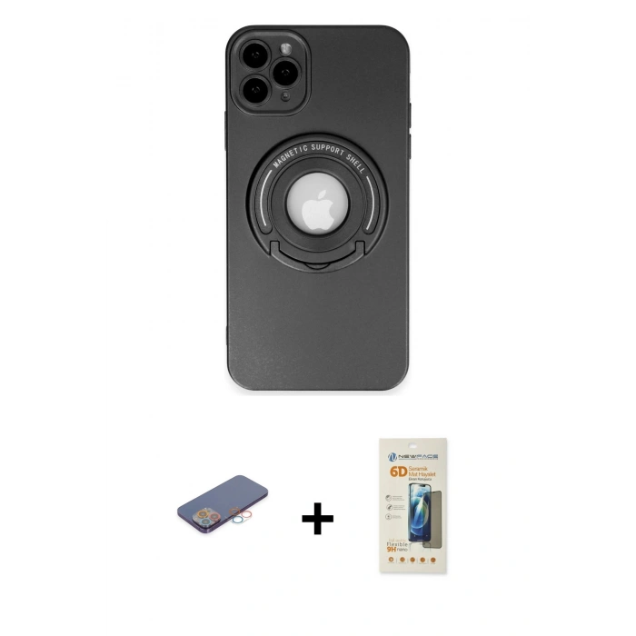 MARSİLYAN™- iPhone 12 Pro Kılıf Eksen Klasik Prime - Siyah 6D Mat Seramik Hayalet Nano Ekran Koruyucu + Renkli Kamera Lens Koruma Cam - PE