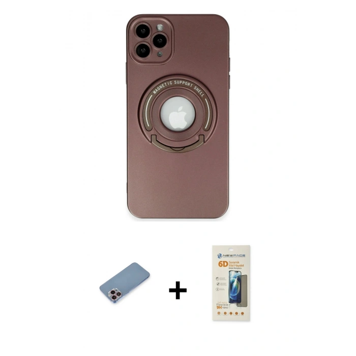 MARSİLYAN™- iPhone 12 Pro Kılıf Eksen Klasik Prime - Siyah 6D Mat Seramik Hayalet Nano Ekran Koruyucu + Pembe Shine Kamera Lens Koruma Cam