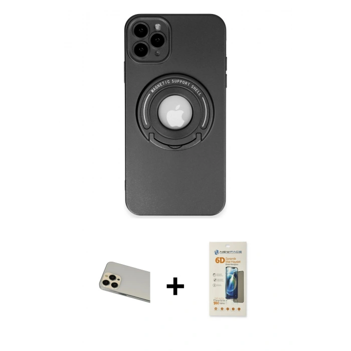 MARSİLYAN™- iPhone 12 Pro Kılıf Eksen Klasik Prime - Siyah 6D Mat Seramik Hayalet Nano Ekran Koruyucu + Rainbow Kamera Lens Koruma Cam - GD