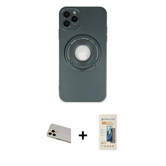 MARSİLYAN™- iPhone 12 Pro Kılıf Eksen Klasik Prime - Siyah 6D Mat Seramik Hayalet Nano Ekran Koruyucu + Rainbow Kamera Lens Koruma Cam - GD