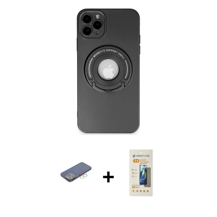 MARSİLYAN™- iPhone 12 Pro Kılıf Eksen Klasik Prime - Siyah 6D Mat Seramik Hayalet Nano Ekran Koruyucu + Renkli Kamera Lens Koruma Cam - MI