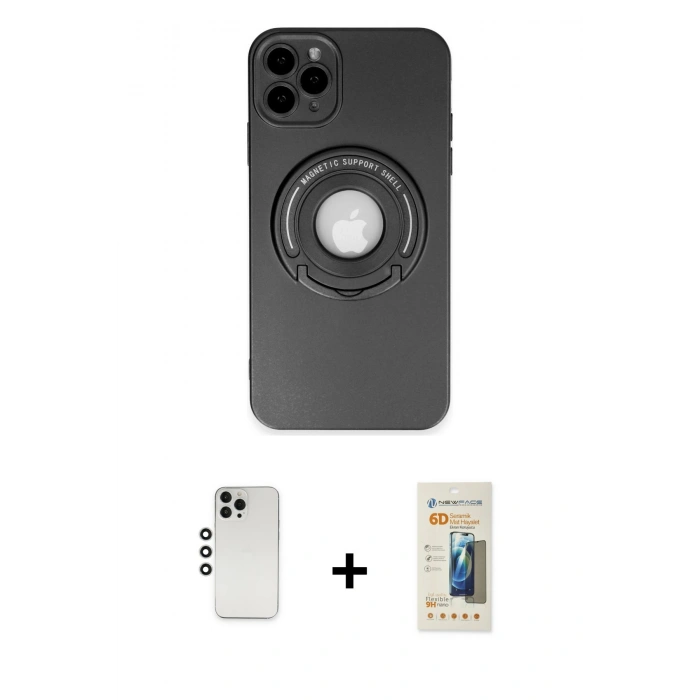 MARSİLYAN™- iPhone 12 Pro Kılıf Eksen Klasik Prime - Siyah 6D Mat Seramik Hayalet Nano Ekran Koruyucu + Shine Kamera Lens - GS
