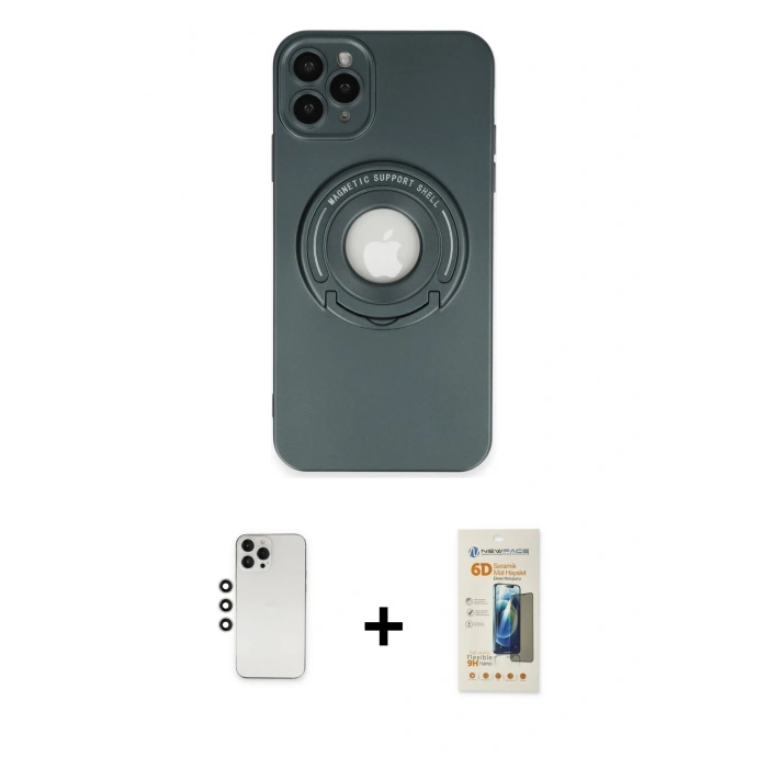 MARSİLYAN™- iPhone 12 Pro Kılıf Eksen Klasik Prime - Siyah 6D Mat Seramik Hayalet Nano Ekran Koruyucu + Shine Kamera Lens - GS