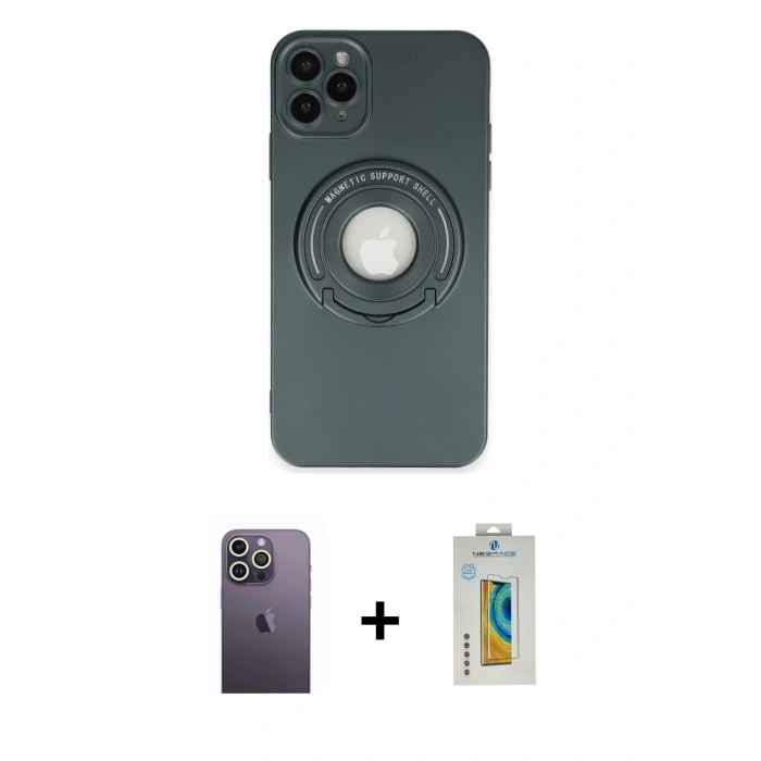 MARSİLYAN™- iPhone 12 Pro Kılıf Eksen Klasik Prime - Siyah Polymer Nano Ekran Koruyucu + Neon Fosforlu Kamera Lens - BZ