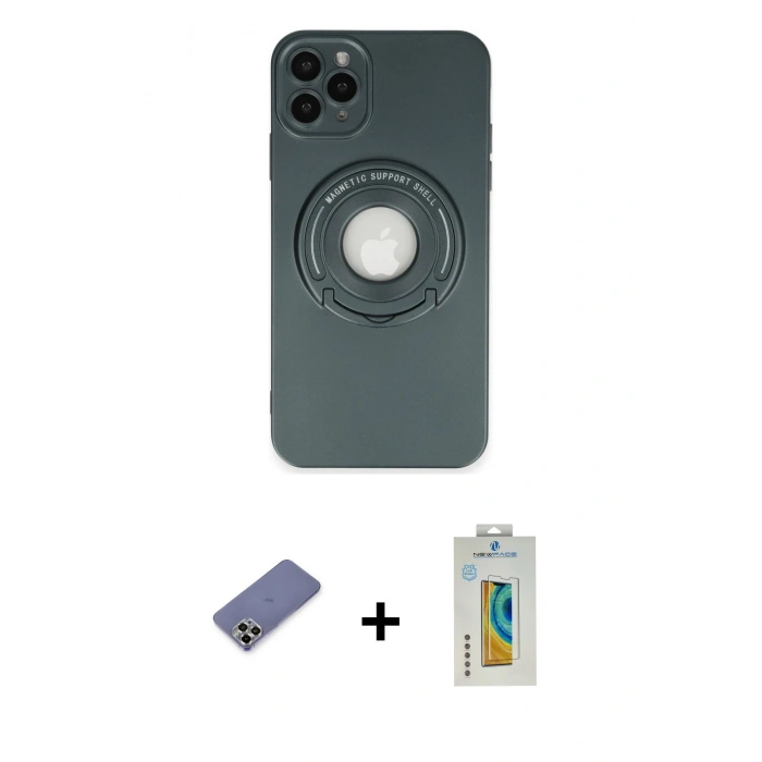 MARSİLYAN™- iPhone 12 Pro Kılıf Eksen Klasik Prime - Siyah Polymer Nano Ekran Koruyucu + Gold Metal Kamera Lens Koruma Cam
