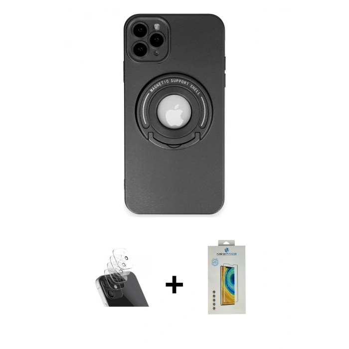 MARSİLYAN™- iPhone 12 Pro Kılıf Eksen Klasik Prime - Siyah Polymer Nano Ekran Koruyucu + Kamera Lens Koruma Cam - SF