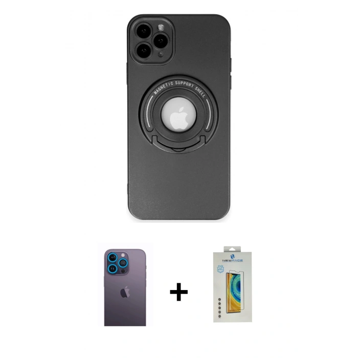 MARSİLYAN™- iPhone 12 Pro Kılıf Eksen Klasik Prime - Siyah Polymer Nano Ekran Koruyucu + Neon Fosforlu Kamera Lens - MI